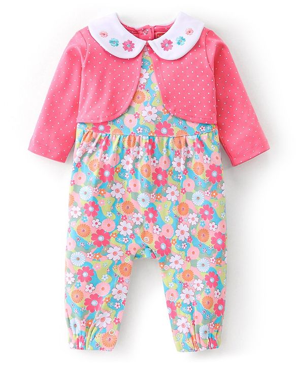 Babyhug 100% Cotton Knit Full Sleeves Romper with Floral Print - Pink