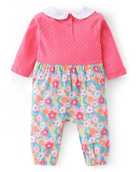 Babyhug 100% Cotton Knit Full Sleeves Romper with Floral Print - Pink