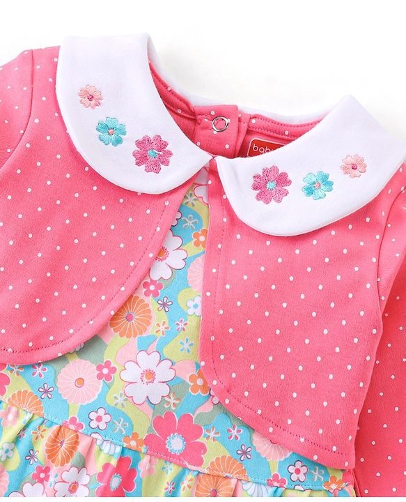 Babyhug 100% Cotton Knit Full Sleeves Romper with Floral Print - Pink