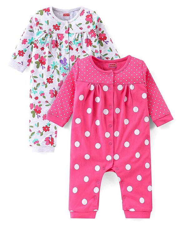 Babyhug 100% Cotton Interlock Knit Romper Floral Print Pack of 2 - Multicolour