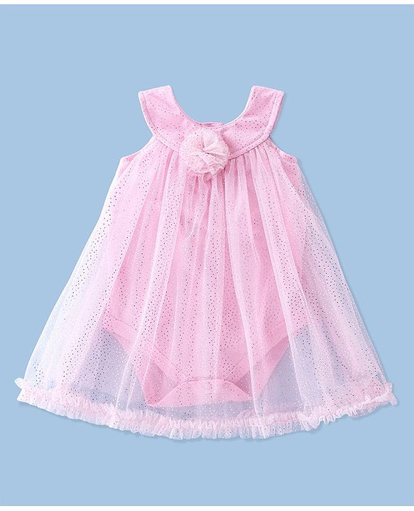 Babyhug Cotton Knit Sleeveless Glittery Frock Style Party Onesie - Pink