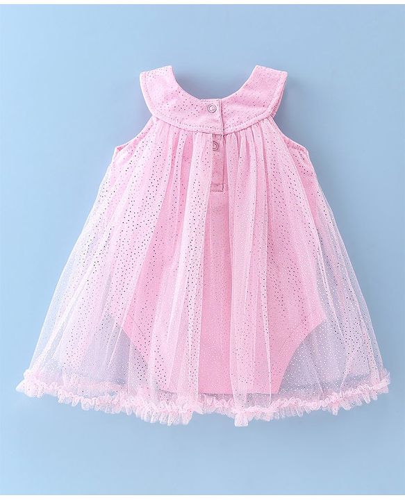 Babyhug Cotton Knit Sleeveless Glittery Frock Style Party Onesie - Pink