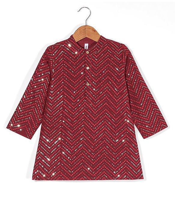 Babyhug Three Full Sequenced Embroidered Kurta With Pyjama Set- Maroon