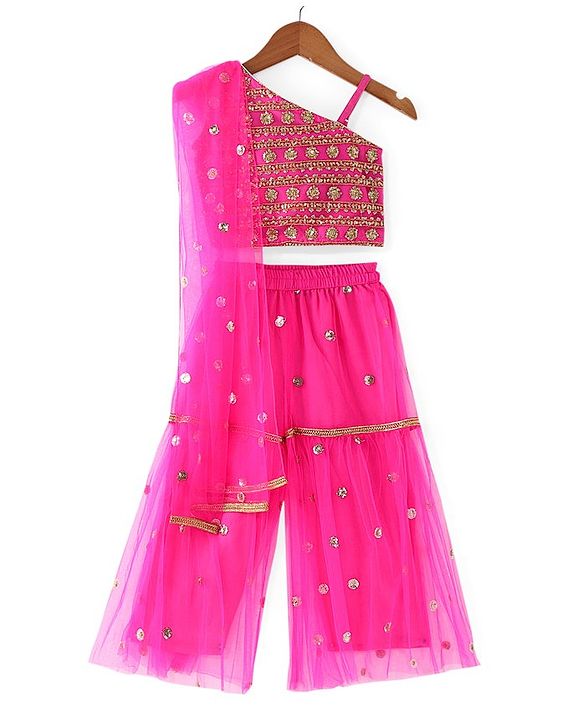 Babyhug Sleeveless Choli & Sharara Set with Dupatta & Sequined Detailing - Fuchsia