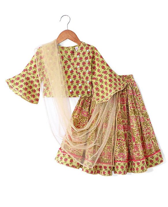 Babyhug 100% Cambric Bell Sleeve Printed Lehenga Choli And Dupatta Set With Mirror Embroidery Detailing- Light Green