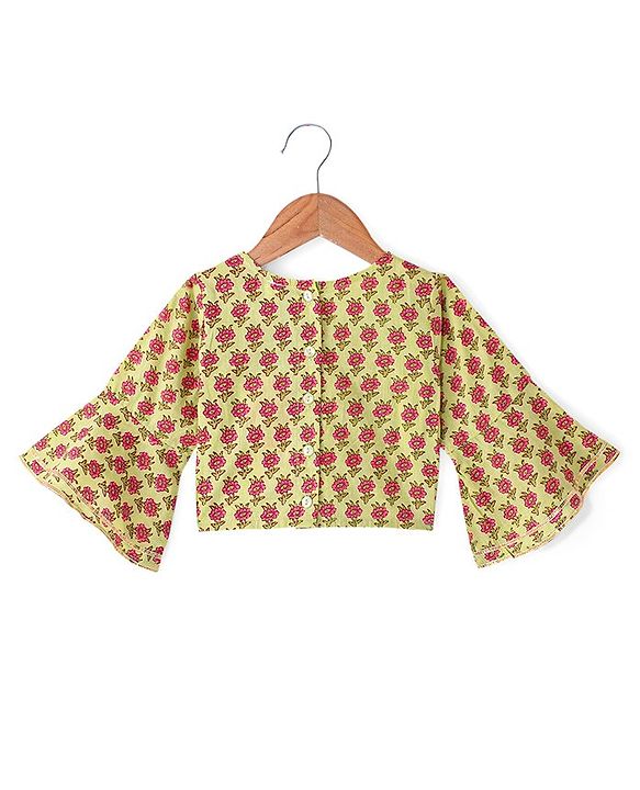Babyhug 100% Cambric Bell Sleeve Printed Lehenga Choli And Dupatta Set With Mirror Embroidery Detailing- Light Green
