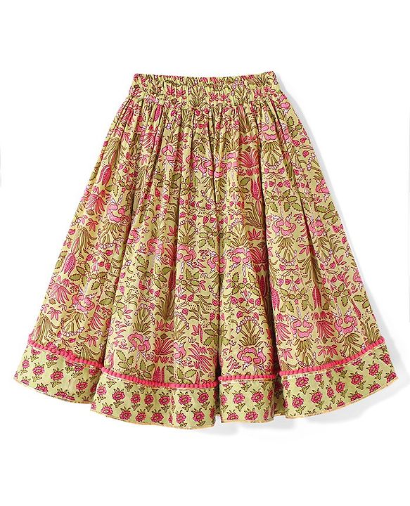 Babyhug 100% Cambric Bell Sleeve Printed Lehenga Choli And Dupatta Set With Mirror Embroidery Detailing- Light Green