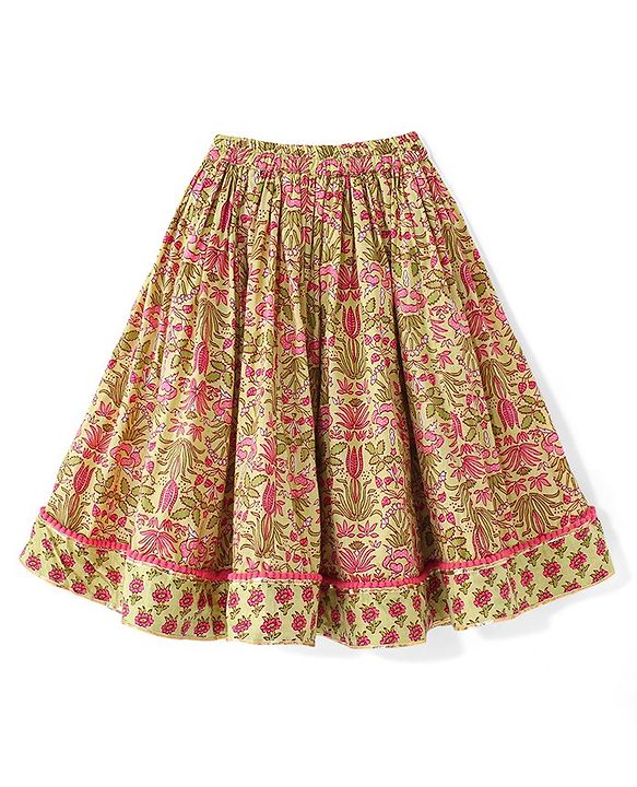 Babyhug 100% Cambric Bell Sleeve Printed Lehenga Choli And Dupatta Set With Mirror Embroidery Detailing- Light Green