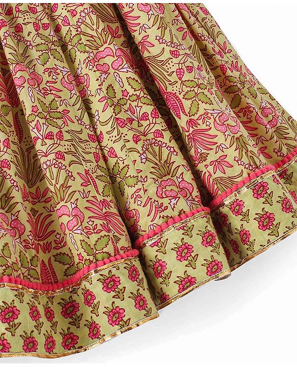 Babyhug 100% Cambric Bell Sleeve Printed Lehenga Choli And Dupatta Set With Mirror Embroidery Detailing- Light Green