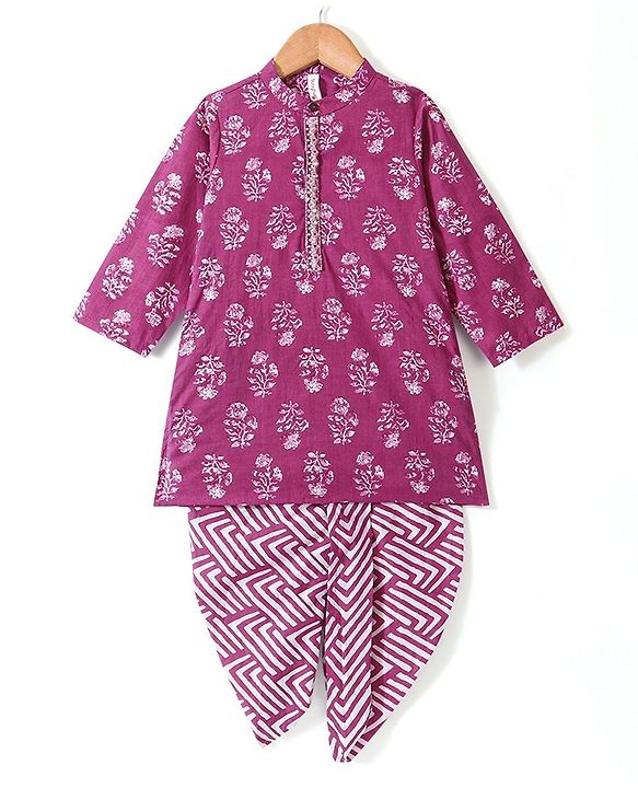 Babyhug 100% Cambric Full Sleeve Printed Kurta With Dhoti Set - Purple