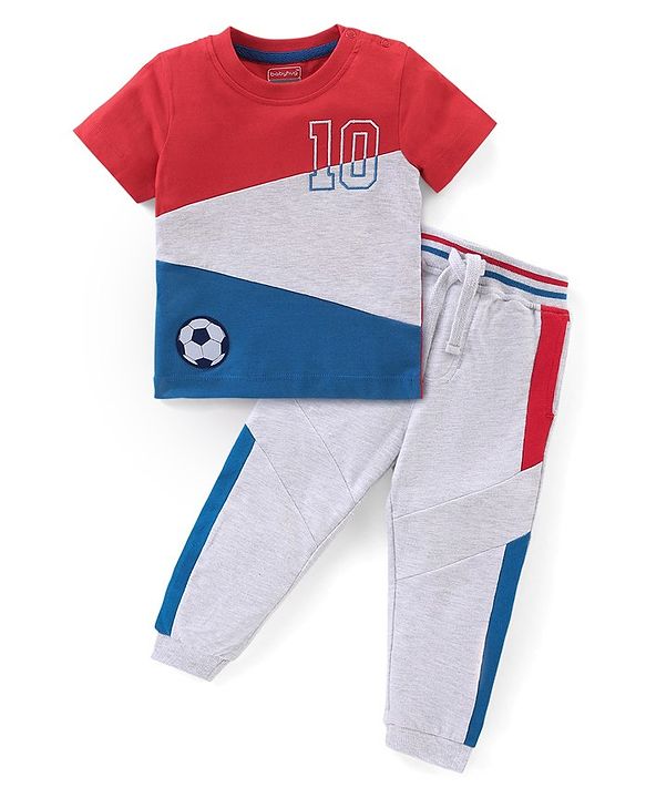 Babyhug 100% Cotton Knit Half Sleeves T-Shirt & Lounge Pant Set With Cut & Sew Pattern - Red Blue & Grey