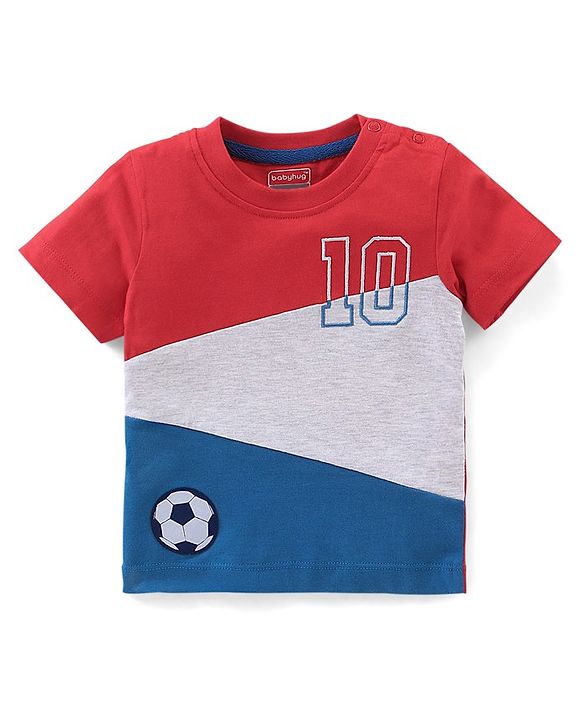 Babyhug 100% Cotton Knit Half Sleeves T-Shirt & Lounge Pant Set With Cut & Sew Pattern - Red Blue & Grey