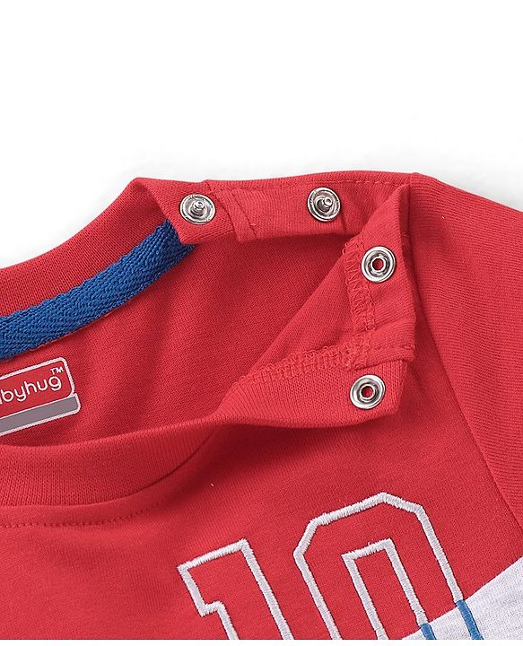 Babyhug 100% Cotton Knit Half Sleeves T-Shirt & Lounge Pant Set With Cut & Sew Pattern - Red Blue & Grey