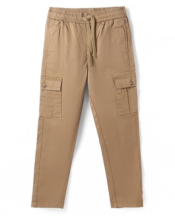 Pine Kids Cotton Full Length Elasticated Jogger Fit Trouser Solid Colour - Khaki