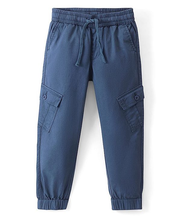 Pine Kids Cotton Full Length Elasticated Waist Jogger Fit Trouser Solid Colour - Blue