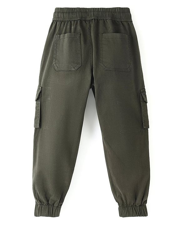 Pine Kids Cotton Elastane Full Length Solid Stretchable Track Pant with Draw Cord - Olive Green