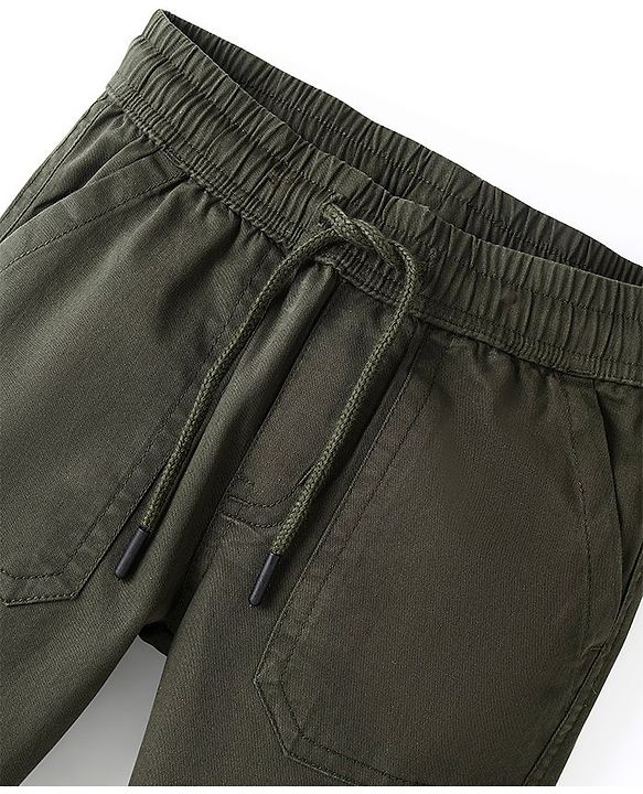 Pine Kids Cotton Elastane Full Length Solid Stretchable Track Pant with Draw Cord - Olive Green