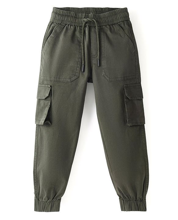 Pine Kids Cotton Elastane Full Length Solid Stretchable Track Pant with Draw Cord - Olive Green