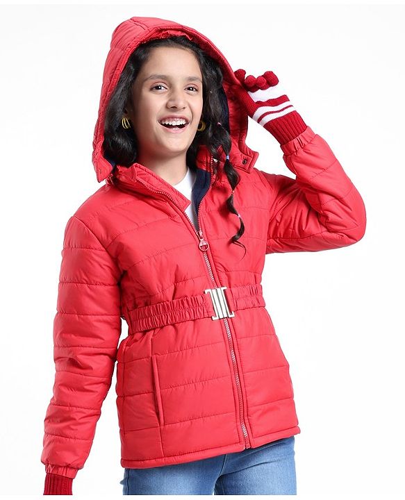 Pine Kids  Full Sleeves Quilted Medium Winter Jacket with Belt Solid Colour - Red