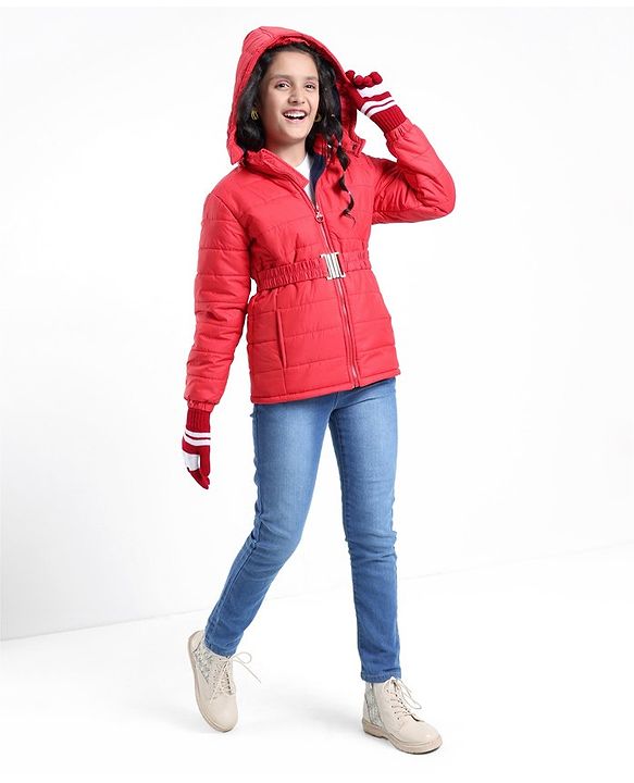 Pine Kids  Full Sleeves Quilted Medium Winter Jacket with Belt Solid Colour - Red