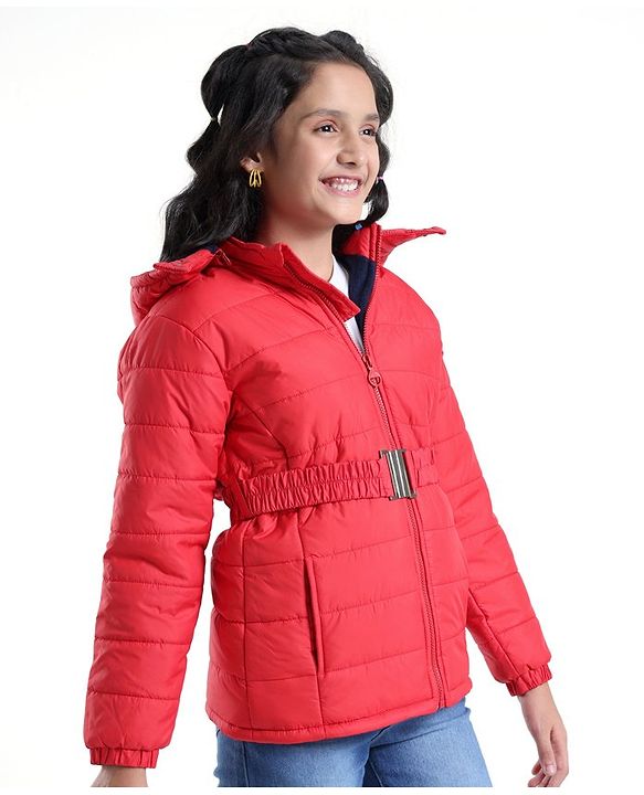 Pine Kids  Full Sleeves Quilted Medium Winter Jacket with Belt Solid Colour - Red