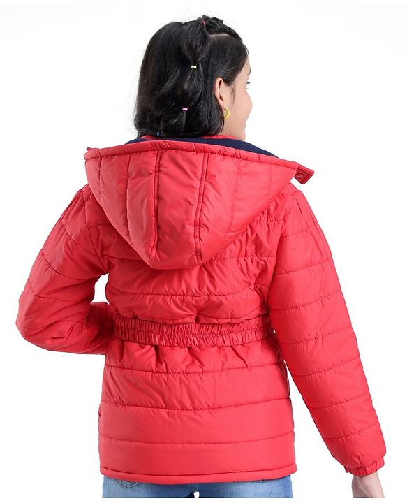 Pine Kids  Full Sleeves Quilted Medium Winter Jacket with Belt Solid Colour - Red