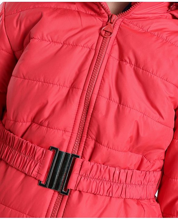 Pine Kids  Full Sleeves Quilted Medium Winter Jacket with Belt Solid Colour - Red