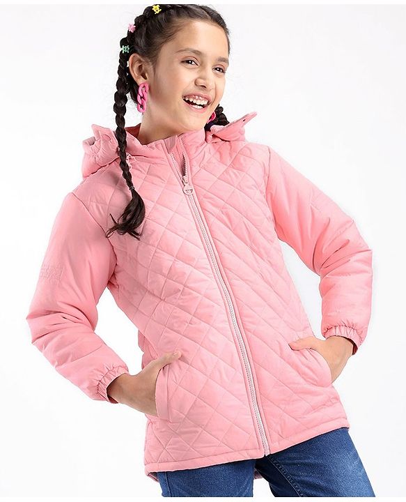 Pine Kids Woven Full Sleeves Solid Medium Winter Hooded Jacket - Pink