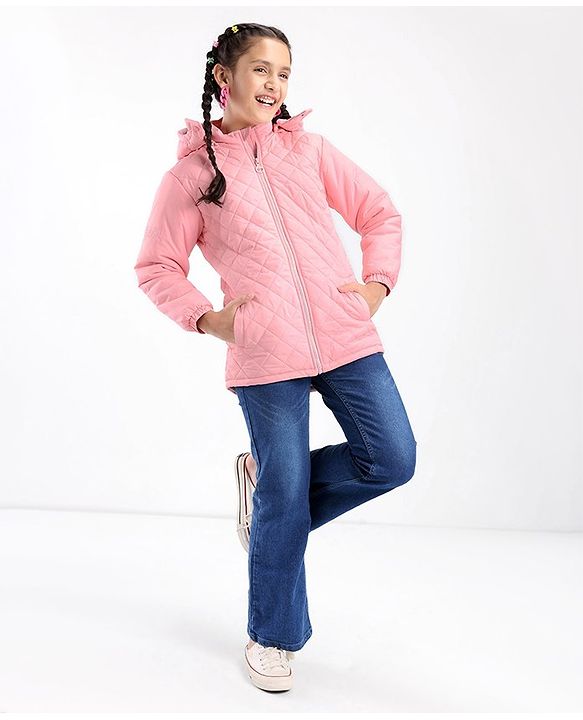 Pine Kids Woven Full Sleeves Solid Medium Winter Hooded Jacket - Pink