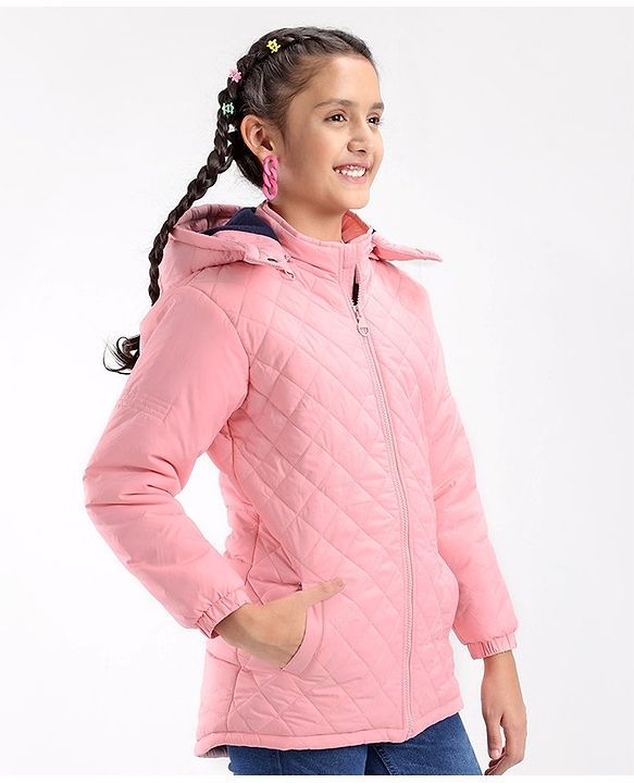 Pine Kids Woven Full Sleeves Solid Medium Winter Hooded Jacket - Pink