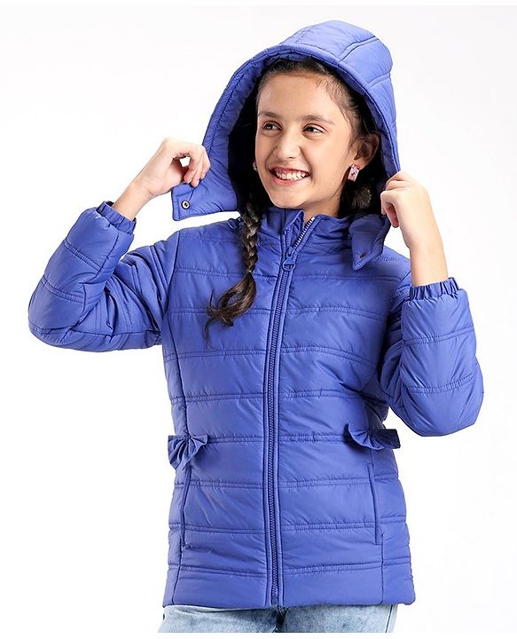 Pine Kids Full Sleeves With Bow Solid Color Medium Winter Jacket - Royal Blue
