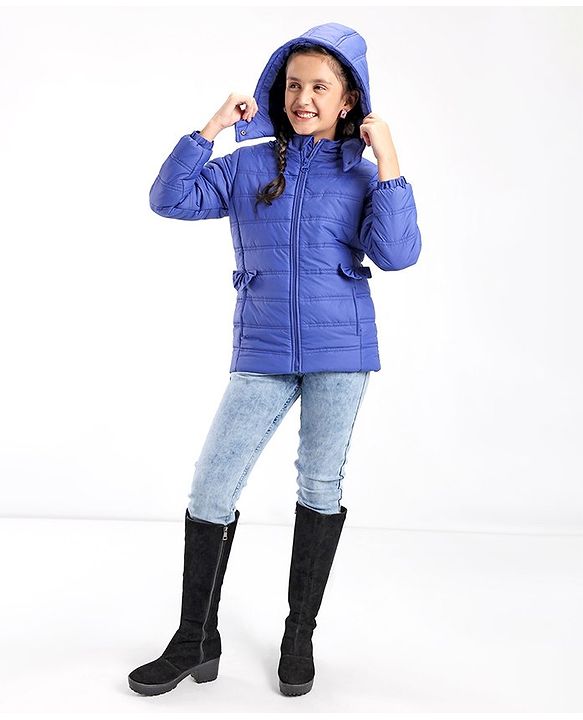 Pine Kids Full Sleeves With Bow Solid Color Medium Winter Jacket - Royal Blue