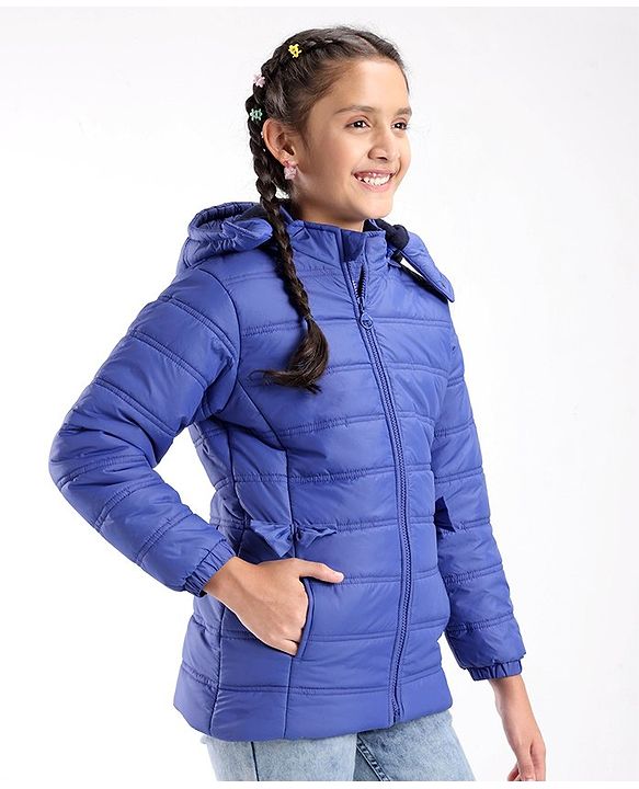 Pine Kids Full Sleeves With Bow Solid Color Medium Winter Jacket - Royal Blue