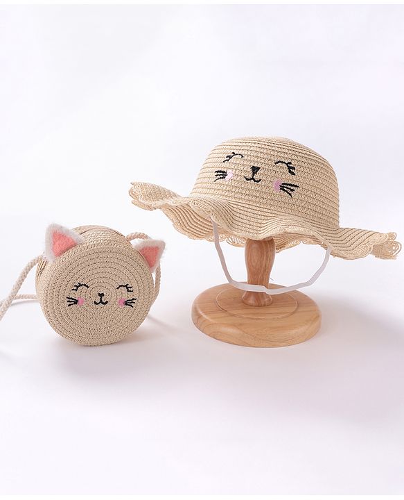 Babyhug Straw Hat with Purse Cat Design - Beige