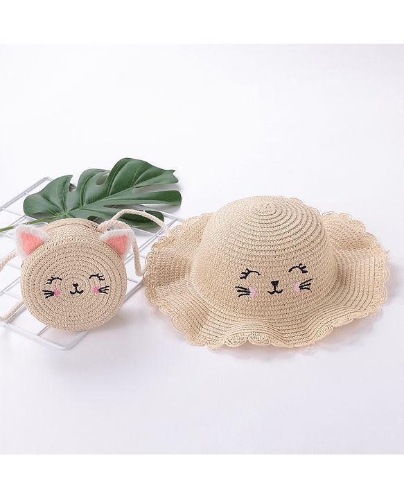 Babyhug Straw Hat with Purse Cat Design - Beige