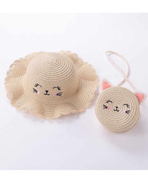 Babyhug Straw Hat with Purse Cat Design - Beige