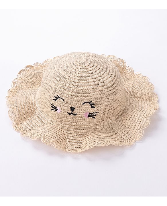 Babyhug Straw Hat with Purse Cat Design - Beige