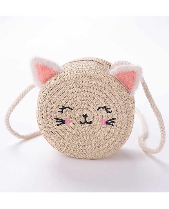 Babyhug Straw Hat with Purse Cat Design - Beige