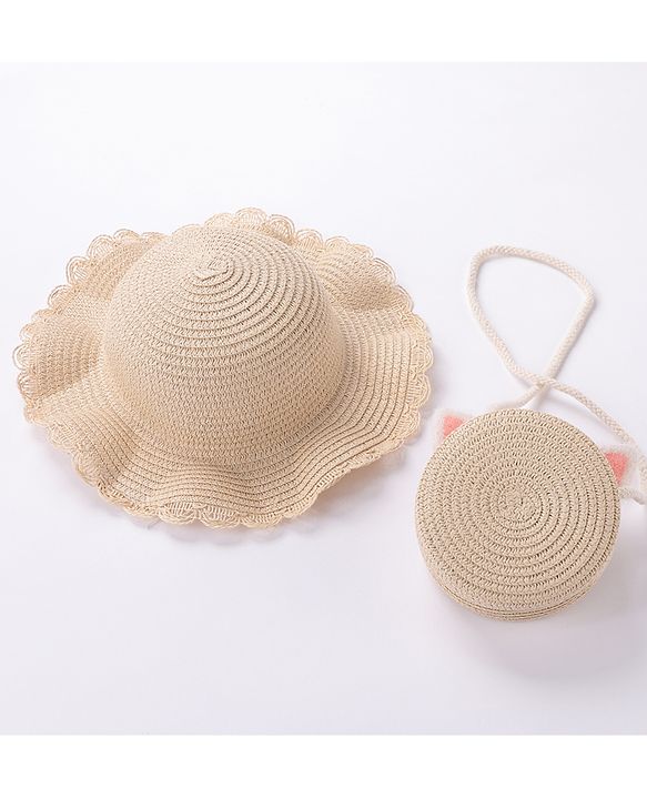 Babyhug Straw Hat with Purse Cat Design - Beige