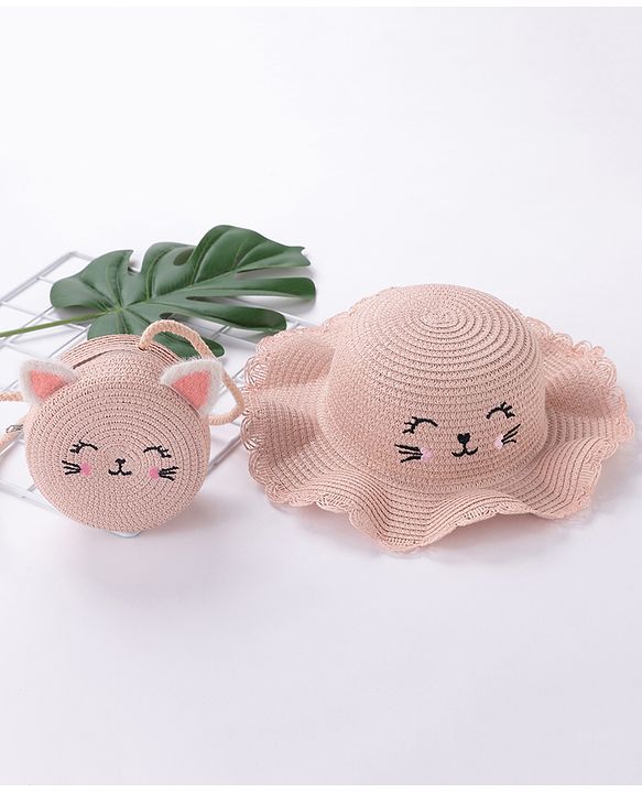 Babyhug Straw Hat Cat Design with Sling Bag - Pink