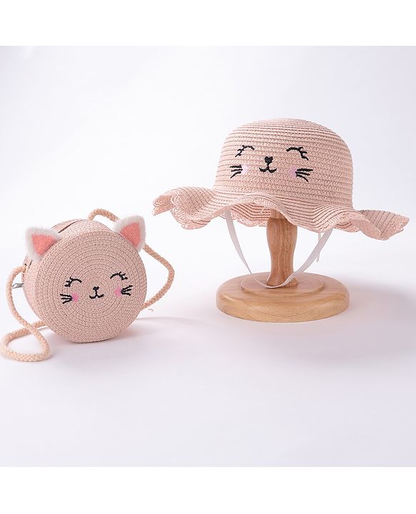 Babyhug Straw Hat Cat Design with Sling Bag - Pink
