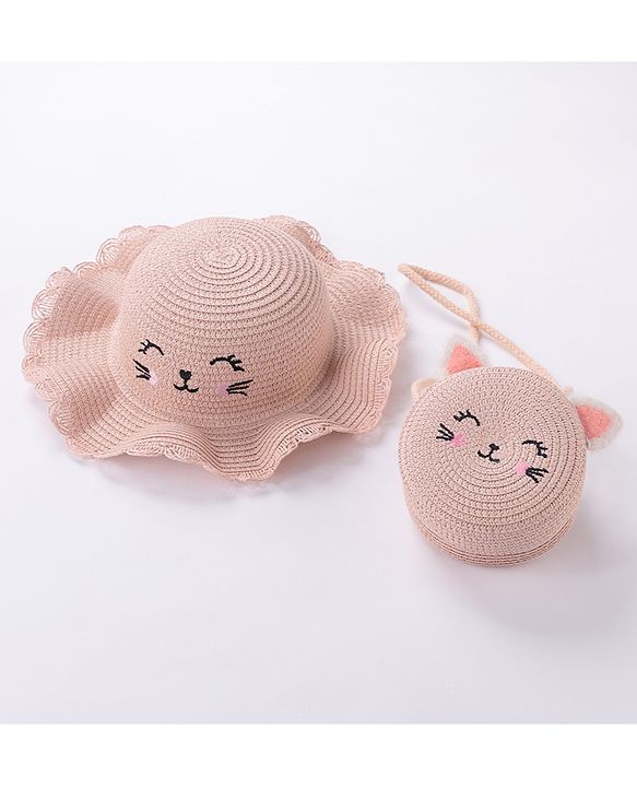 Babyhug Straw Hat Cat Design with Sling Bag - Pink