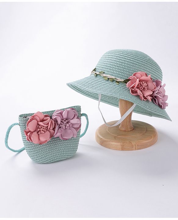 Babyhug Straw Hat Flower Design with Sling Bag - Blue