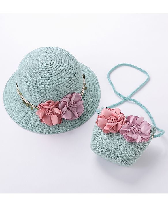 Babyhug Straw Hat Flower Design with Sling Bag - Blue