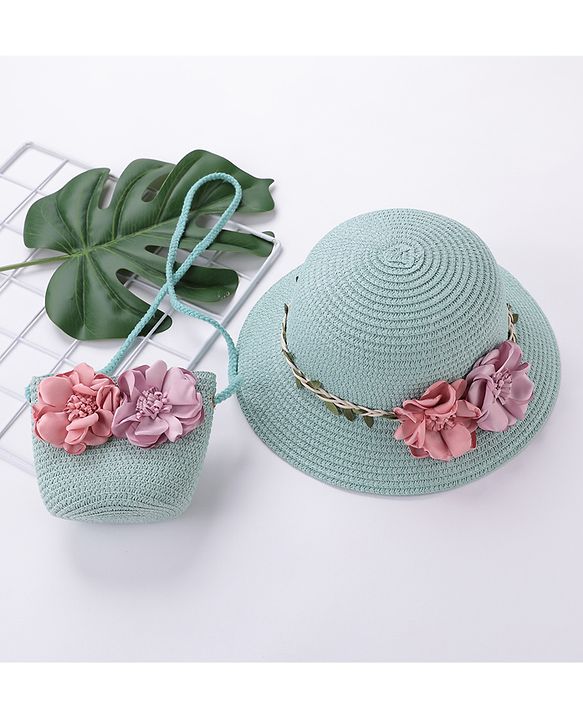 Babyhug Straw Hat Flower Design with Sling Bag - Blue