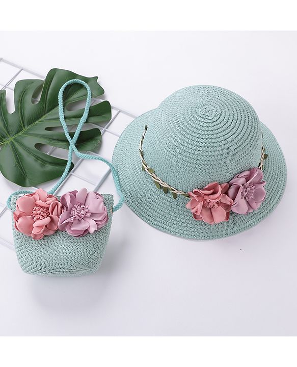 Babyhug Straw Hat Flower Design with Sling Bag - Blue