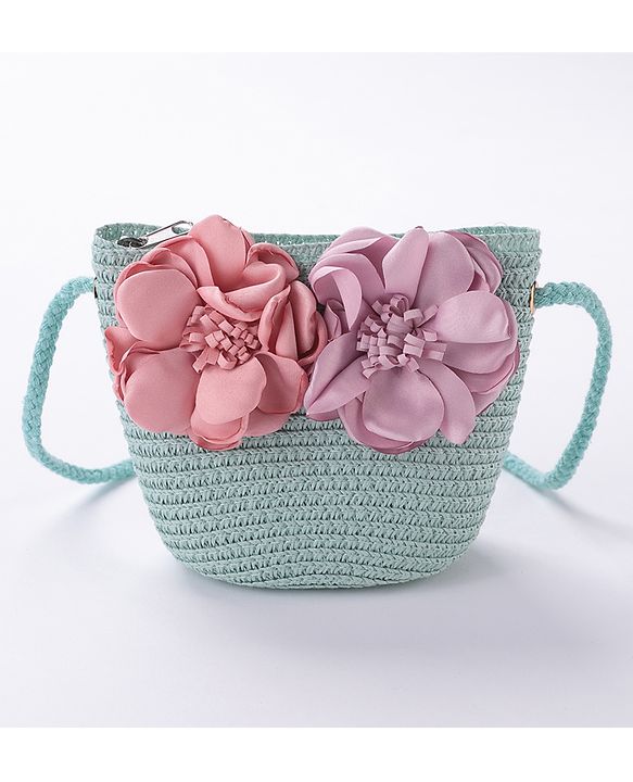 Babyhug Straw Hat Flower Design with Sling Bag - Blue
