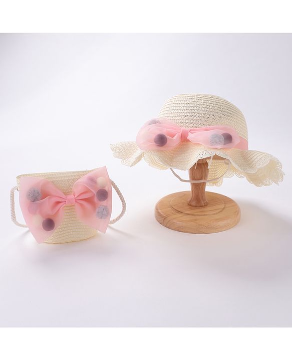 Babyhug Straw Hat Bow Design with Sling Bag - Cream
