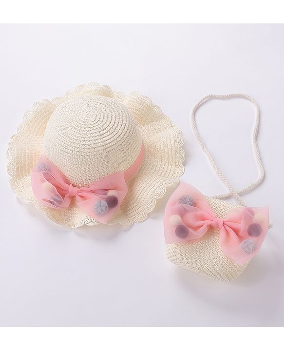 Babyhug Straw Hat Bow Design with Sling Bag - Cream