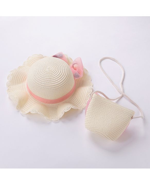Babyhug Straw Hat Bow Design with Sling Bag - Cream